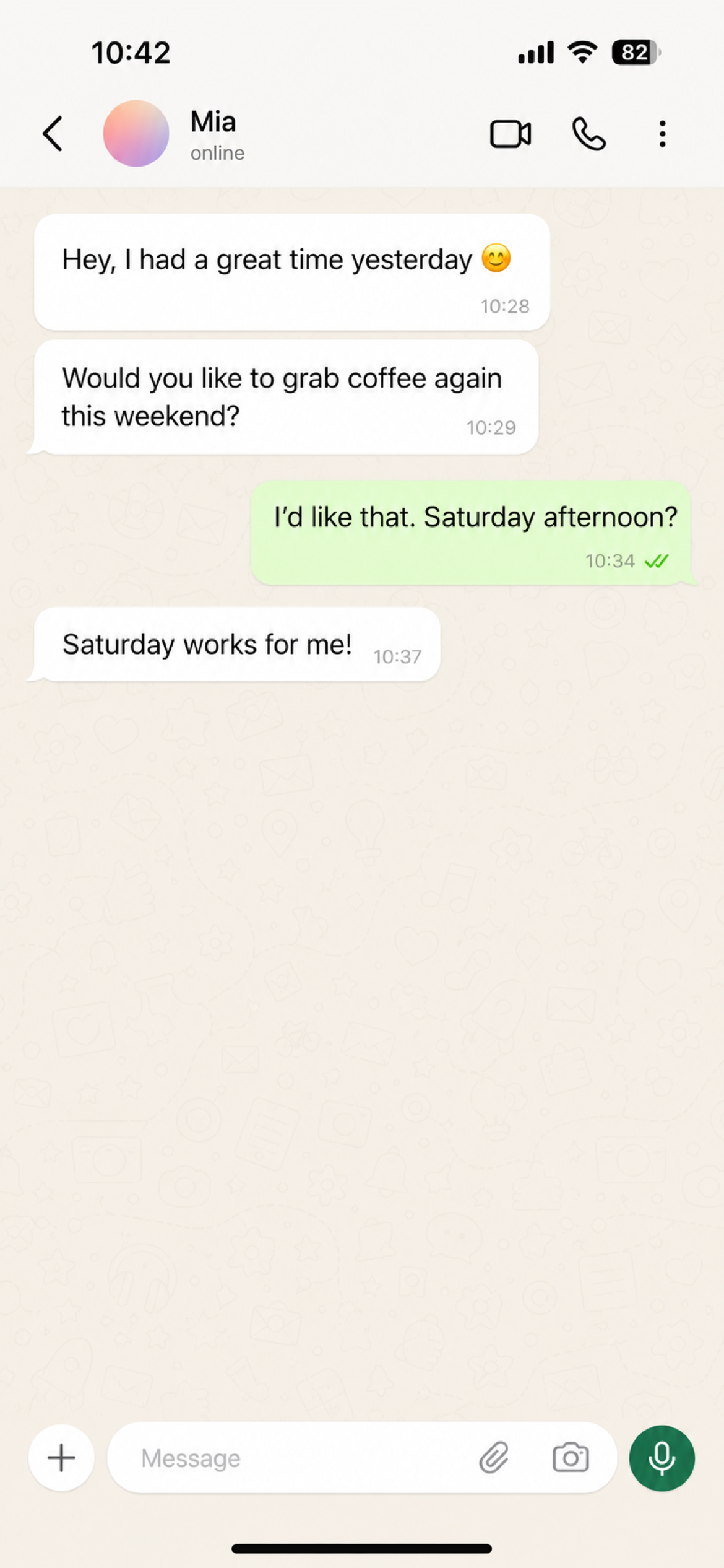 A sample chat about arranging coffee at the weekend.