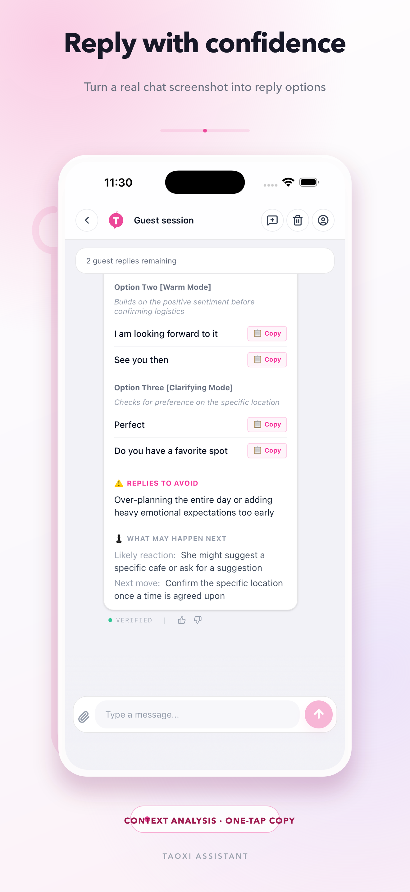 The iOS app showing reply options with a Copy button beside each reply.